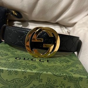 Authentic Gucci Monogram Wide Belt Interlocking G Gold Buckle Size 80 No Box